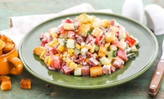 Салат с сухариками, колбасой и кукурузой