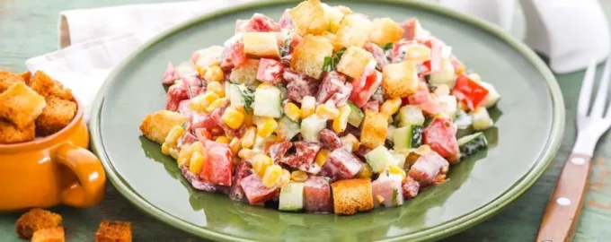 Салат с сухариками, колбасой и кукурузой